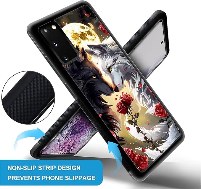 for Samsung Galaxy S20 Case, Black White Wolf Moon Flower Rose Pattern Graphic Design Girl Boy Soft Silicone Hard Acrylic Shock Protection for Samsung Galaxy S20