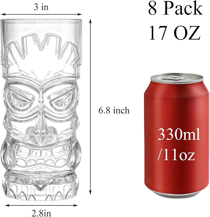 Hacaroa 8 Pack 17 Oz Plastic Tiki Cups, Clear Tiki Cocktail Mug Luau Cup Hawaiian Party Drinking Tumblers for Lemonade, Mixed Drinks, Halloween, Modern Bar, Picnic, Restaurant Supplies
