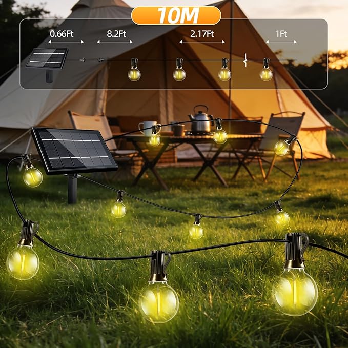 Solar Lights Outdoor Waterproof: G40 10M 33FT Shatterproof Bulbs Patio Lights - Solar Powered 3 Light Modes Solar Light - Camping Backyard Garden Deck Outside Yard