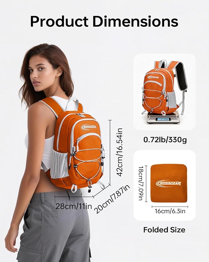 CROSSGEAR Packable Hiking Backpack, 24L Lightweight Foldable Daypack, RFID Secure Pocket, Nylon Fabric, Water Resistant Small Travel Hiking Daypack for Women Men, Orange