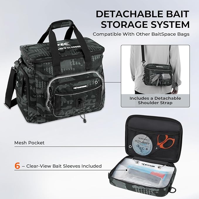 KastKing BaitSpace Fishing Tackle Bag With 4 Tackle Boxes & Removable Bait Binder, Water-Resistant Tackle Storage, Durable Fishing Gear, Adjustable Shoulder Strap