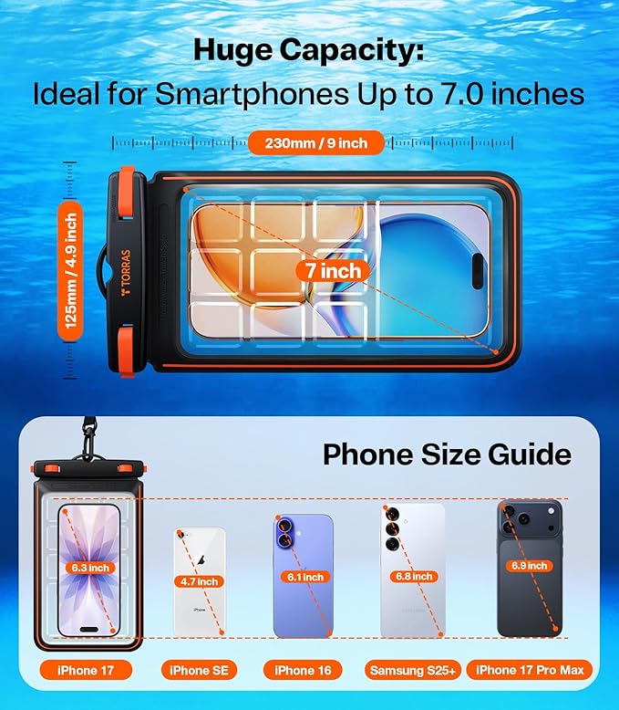 TORRAS IPX8 Waterproof Phone Pouch Floating, Underwater Screen Touchable, Water Proof Case with Lanyard for iPhone 17 Pro Max 16 S26, Cellphone Dry Bag Cruise Essentials 7.0 inch, Black