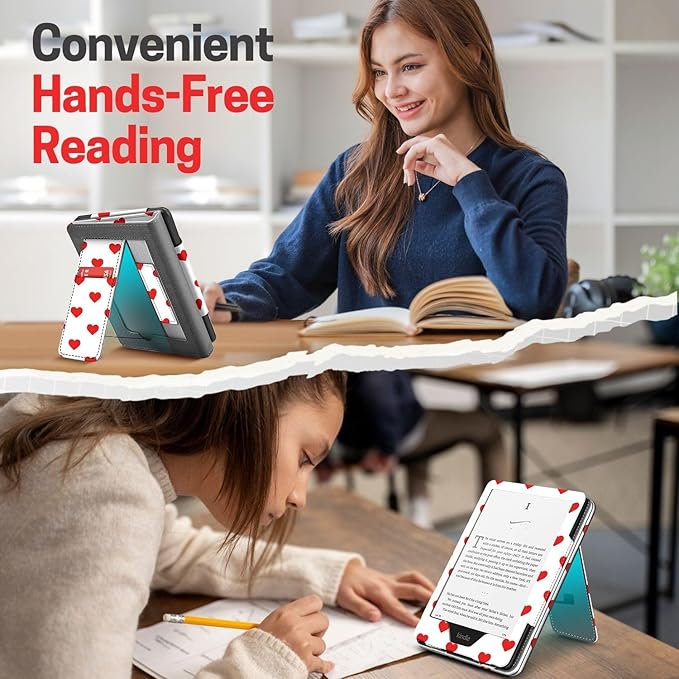 TNP Stand Case for Kindle Paperwhite 12th Generation 2024 / Kindle Colorsoft Signature Edition with Hand Strap & Card Slot - 7" PU Leather Protective Folio Cover with Auto Wake/Sleep, Red Love Heart