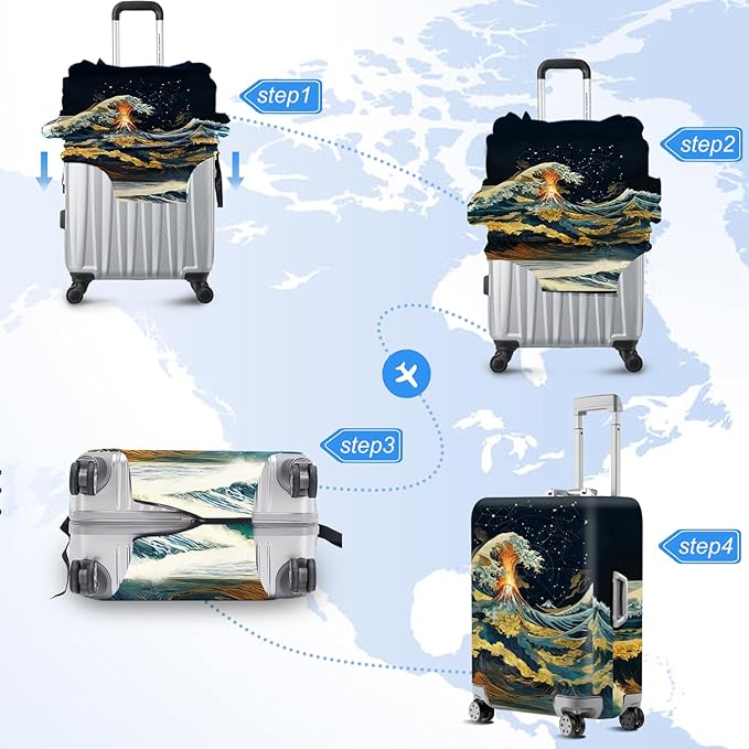 ANNA QUEEN Ocean Waves Travel Luggage Cover -Stretchable Airplane Suitcase Protector Sleeve,Universal Washable Fit for 28-30 Inch Checked Baggage,Water Resistant Durable Luggage Protector,L