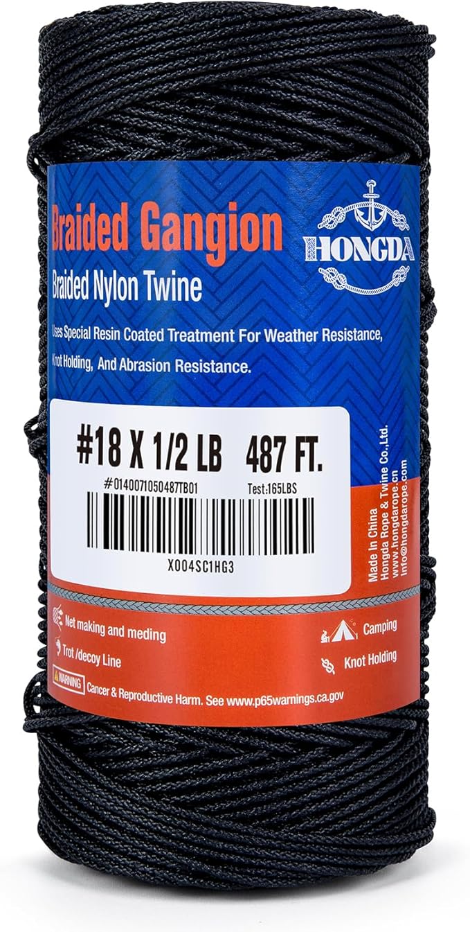 HONGDA Braided Black Nylon String, #18 Tarred Bank Line Twine, 487 Feet Black Tarred String 1.5mm for Gardening, Construction, Gear Tying, Jungle Survival