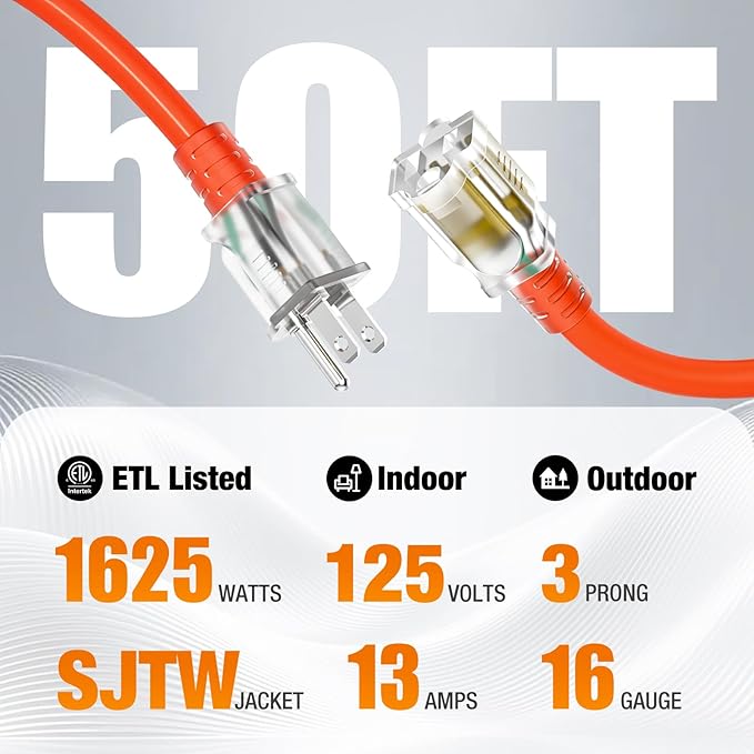 50 FT Outdoor Extension Cord Waterproof, 16/3 Gauge Heavy Duty 3 Prong Power Cord with Lighted Indicator End, 13A 125V 1625W SJTW, ETL Listed, Great for Lawn/Garden/Home(Orange)
