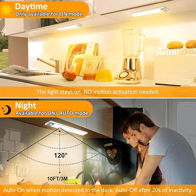 51-LED Motion Sensor Under Cabinet Lighting, 12-inch Magnetic Rechargeable Under Counter Closet Lights, Wireless Light Bar, 3-Pack, Warm White