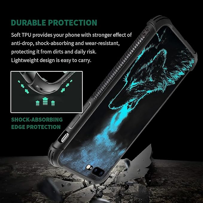 for iPhone 7 Plus/8 Plus Case, Blue Breathing Wolf Pattern Graphic Design for Girl Boy, Soft Silicone Hard Acrylic Shock Protection
