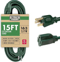 Outdoor Extension Cord 15 Ft with 3 Prong, 16/3 SJTW Weatherproof Green Extension Cord 15 Foot, 13 Amp Outside Power Cord for Christmas Outdoor Decorations & Yard