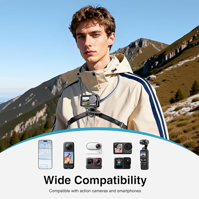 Neck Mount for Action Camera, with Air Cushion and Adjustable Chest Strap, Hands-Free POV Vlogging for GoPro Hero 13/12/11/10/9, Insta 360 X5/X4/X3/Ace Pro 2, DJI Osmo Action 5 Pro/4/3
