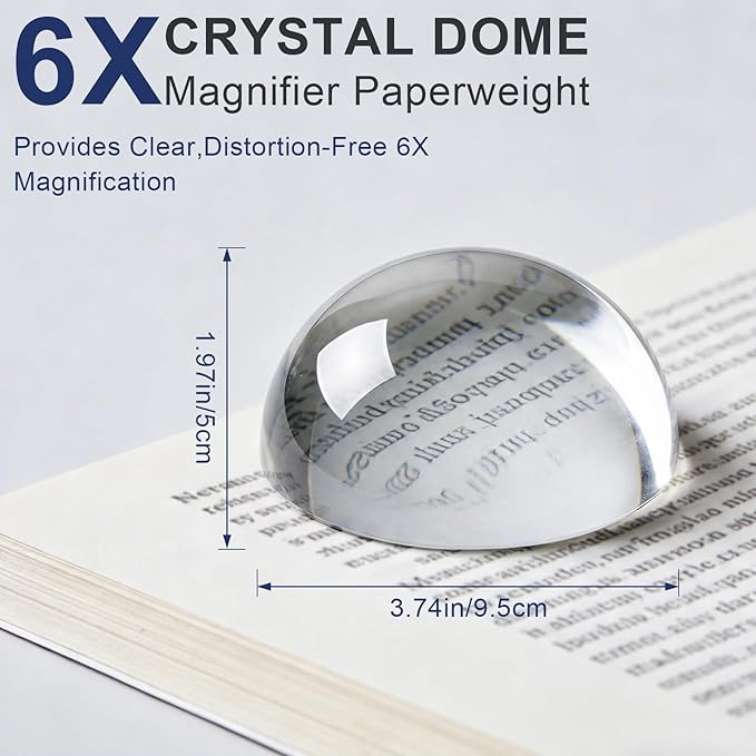 6X Crystal Dome Magnifier Paperweight, 3.8 Inch Large Dome Reading Magnifying Glass with Gift Box, Desktop Paperweight Magnifier for Books, Maps, Documents, Crafts & Seniors (3.8 Inch-Tall Version)