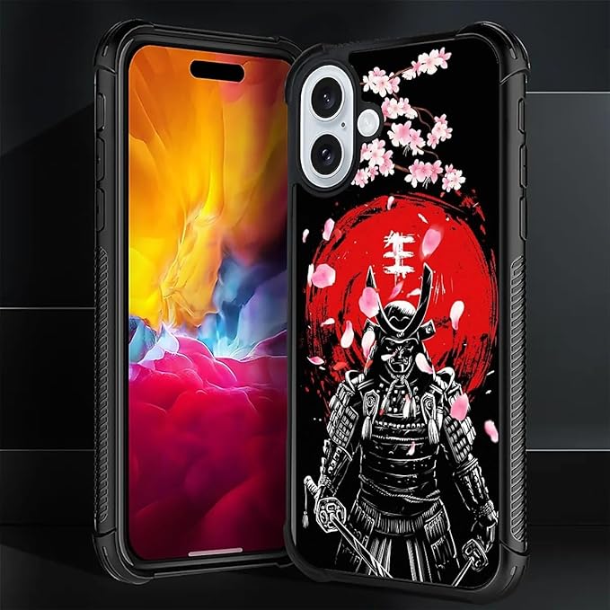for iPhone 16 Case, Sakura Japanese Samurai Pattern Graphic Design Girl Boy Soft Silicone Hard Acrylic Shock Protection for iPhone 16