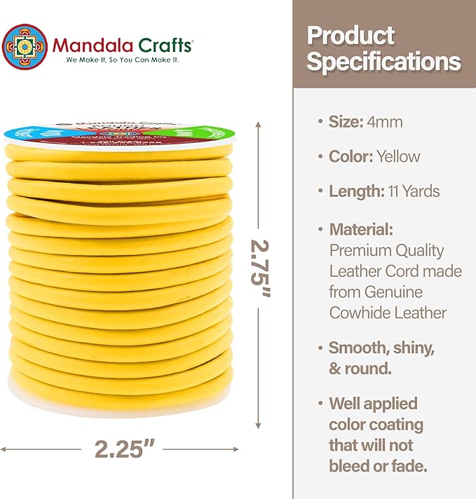 Mandala Crafts Round Genuine Yellow Leather Cord for Jewelry Making – 4mm Cowhide Leather Rope String Lace for Kumihimo – 11 Yards Cowhide Craft Cording Spool