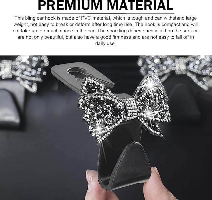 2 PCS Bling Bow Car Seat Headrest Hooks, Cute Rhinestone Bow Car Seat Back Storage Decor Hook, Multi-Purpose Rear Hanger Holder for Bags, Purse, Clothes (Black)