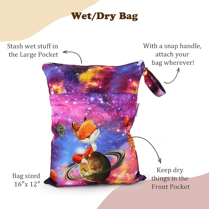 Mama Koala Wet Dry Bags, Portable Washable Reusable Baby Cloth Diapers Bags, 2pcs Medium Size for Travel Beach Laundry Pool Gym Yoga (WB-Space Travel)