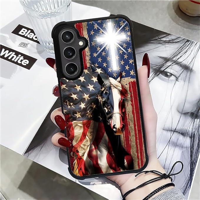 for Samsung Galaxy S23 FE Case, Red American Flag Horse Cross Pattern Graphic Design Girl Boy Soft Silicone Hard Acrylic Shock Protection for Samsung Galaxy S23 FE