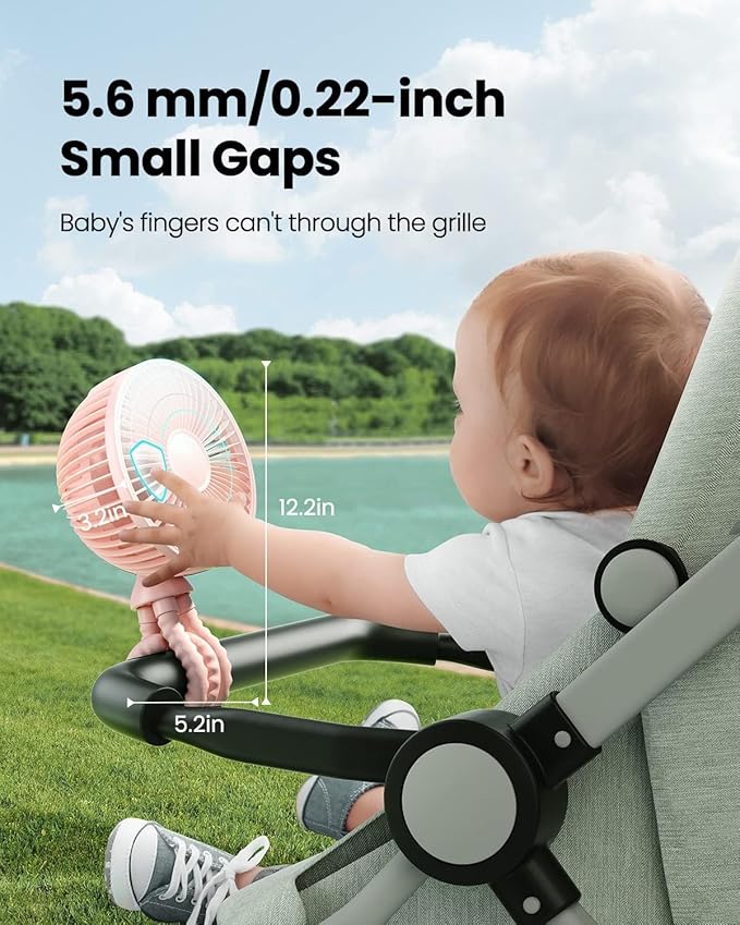 Gaiatop Baby Stroller Fan, 4000mAh Oscillating Mini Portable Fan with Light, 4 Speeds Battery Operated Small Handheld Desk Fan, 360° Rotate Flexible Tripod Clip On Fan for Car Seat Crib Travel Pink