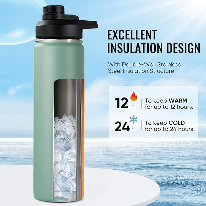 Fijinhom 24 oz Insulated Water Bottle with Handle, 304 Stainless Steel Water Bottles with Wide Mouth, Double Wall Vacuum Sports Water Bottle, BPA Free, Keep Cold and Hot, Forest Green