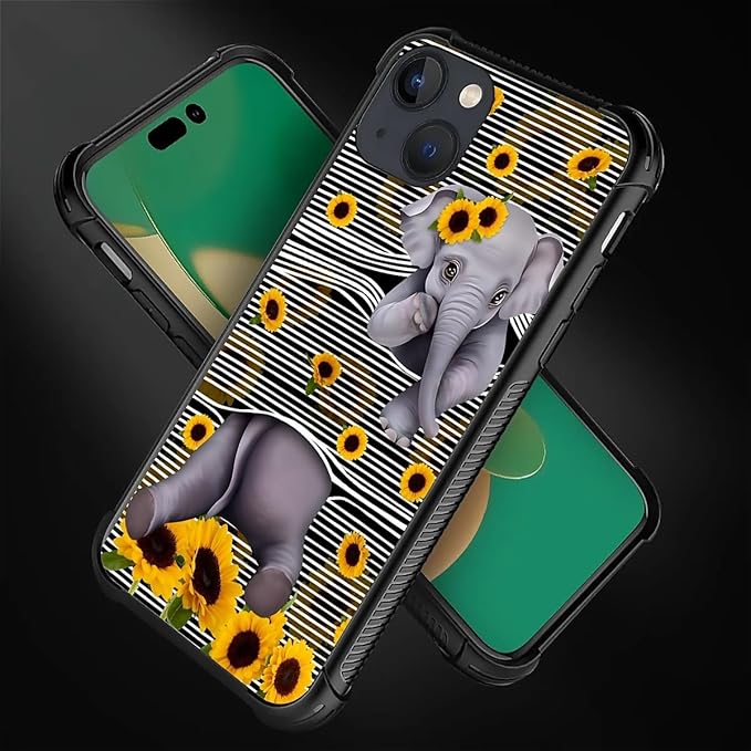 for iPhone 14 Case, Cute Little Elephant Sunflower White Line Art Pattern Graphic Design Girl Boy Soft Silicone Hard Acrylic Shock Protection for iPhone 14