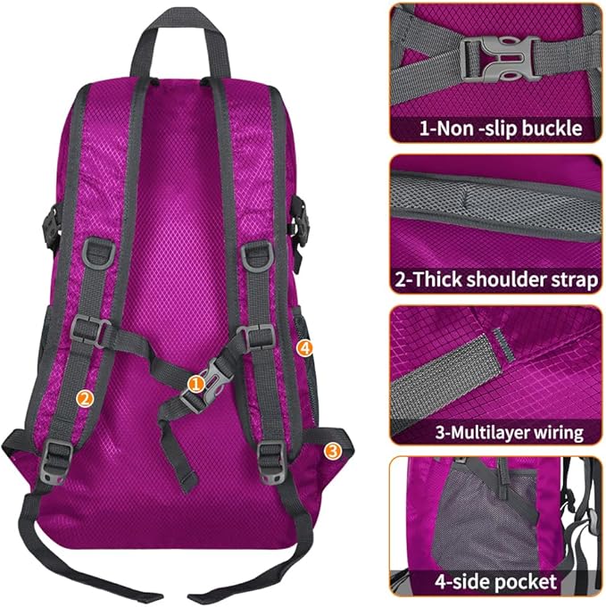 30L Large capacity Lightweight Packable Foldable Backpack，women and men Hiking backpack，Outdoors Travel Backpack (Rose Red)
