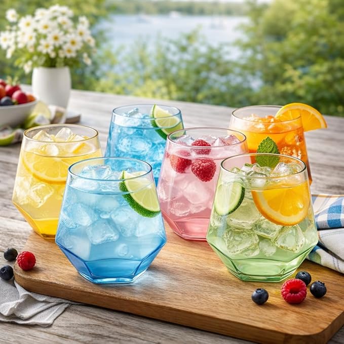 Oojami 40 Pack Diamond Plastic Wine Glasses 12oz Gold Rim Stemless Disposable - Shatterproof Champagne Cocktail Whiskey Cups for Parties, Weddings, Events, BPA-Free