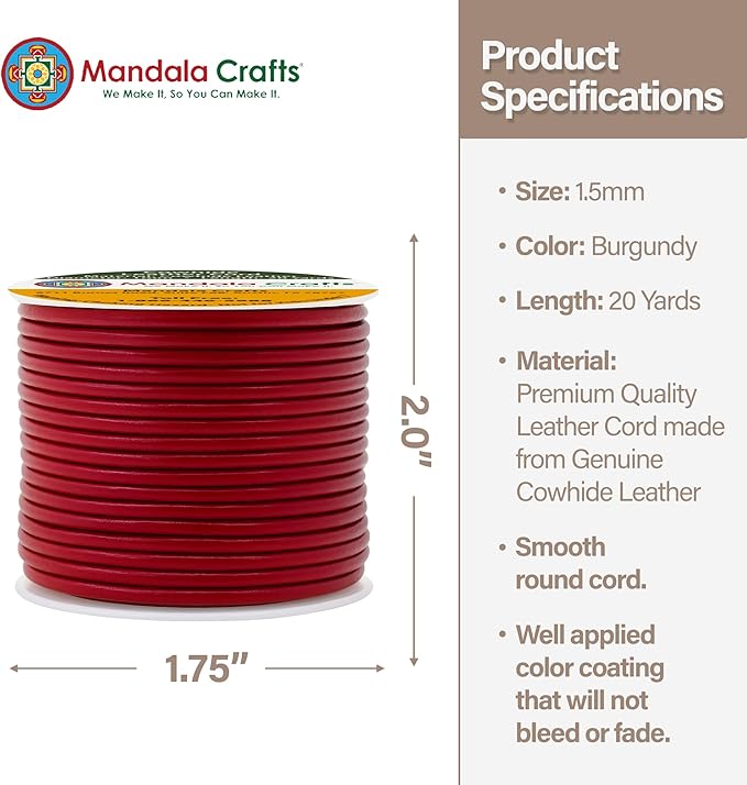 Mandala Crafts Round Genuine Burgundy Leather Cord for Jewelry Making – 1mm Cowhide Leather Rope String Lace for Kumihimo – 20 Yards Cowhide Craft Cording Spool