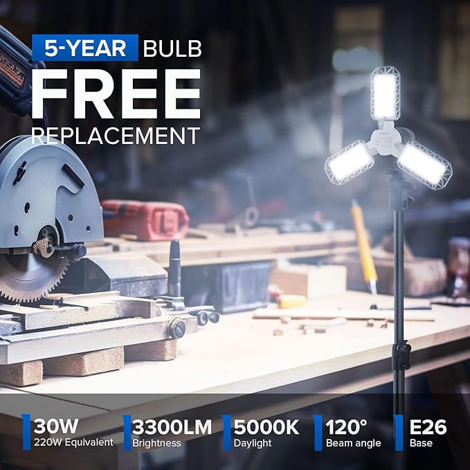 SANSI 300 Watt Equivalent LED Work Light, 3300LM 5000K Portable Camping Lights with Premium Carbon Steel Telescoping Tripod Stand, LED Work Light with Stand Adjustable 30-55 Inches