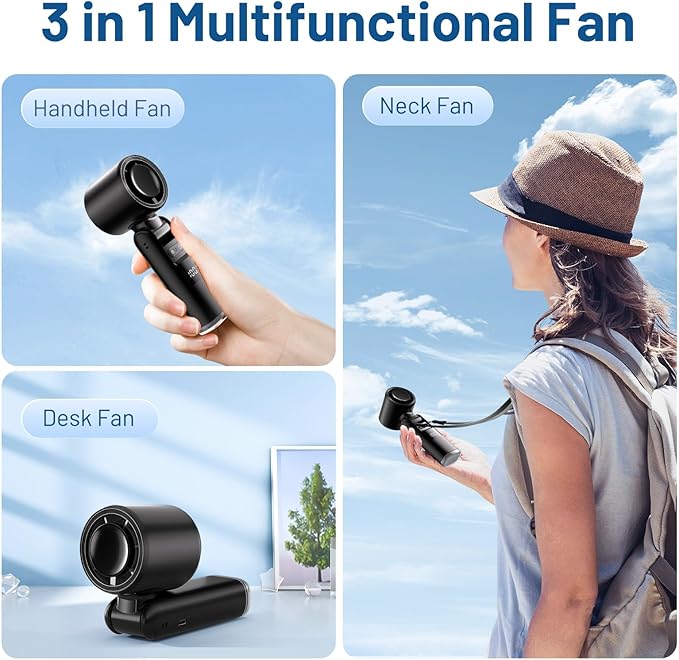 Lerat Portable Handheld Turbo Fan, 5 High-Speed Wind, Battery Operated, Up to 12H Runtime, 3 IN 1 Hand Fan with LED Display & Flashlight, Personal Cooling Fan for Travel, Outdoor, Beach Essentials