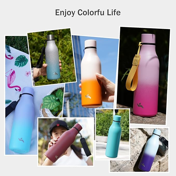 Insulated Water Bottle with Strap,18 oz Double Wall Stainless Steel Vacuum Bottles Metal Water Flask,Rosy Red