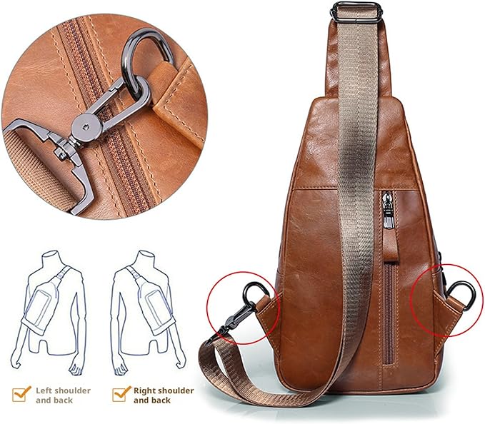 Hebetag Leather Sling Bag Hiking Daypack for Men Women Outdoor Travel Camping Fishing Crossbody Shoulder Chest Pack Daypack Small Brown