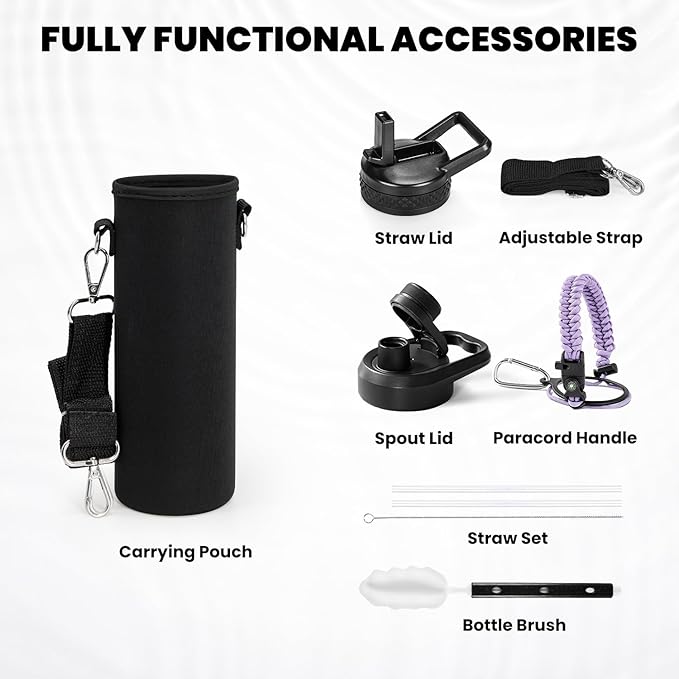 RAYMYLO Insulated Water Bottle 24oz, Triple Wall Vacuum Stainless Steel (Cold for 24Hrs, Hot for 12Hrs), Leak Proof & Non-BPA, 24oz Hydro Water Flask with Paracord Handle & Straw Spout Lids