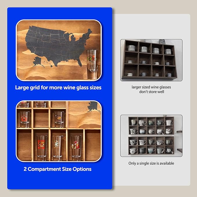 Large Shot Glass Display Case with US Map,60 Slots, 34 X 26 Inch Rustic Wood Shot Glass Display Cabinet for 2 Size -In Rooms Bars Wine Cellars with Shot Glasses Jewelry Shell & Keepsakes