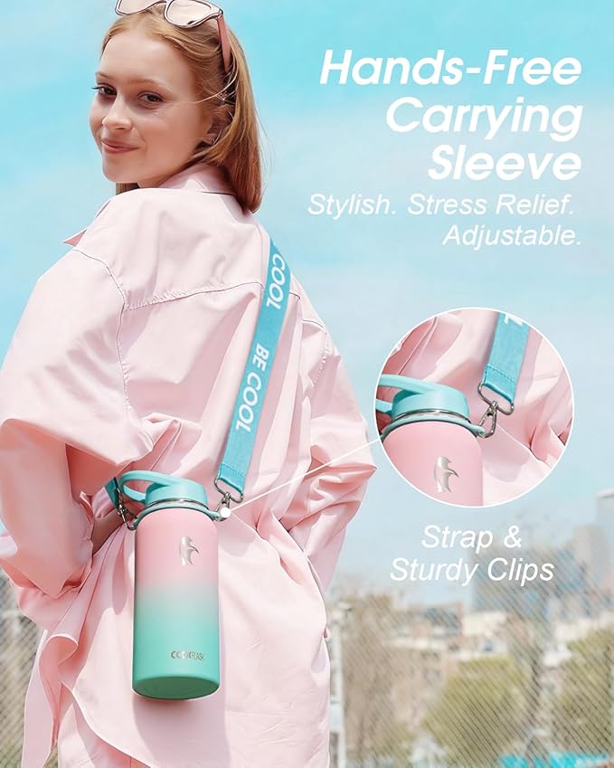 Coolflask Water Bottle with Straw, 32 oz Insulated Metal Water Flask with Straw & Spout Lids, Stainless Steel Double Wall Vacuum, Keep Cold 48h Hot 24h, Leak Proof, BPA-Free, Bubblegum Princess