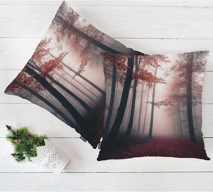 Swono Foggy Forest Throw Pillow Cases Pack of 2, Misty Autumn Tree Woods Landscape Square Cushion Covers Decor Pillow Covers for Couch Sofa Home Farmhouse Decoration 18 X 18 Inches Pillowcases