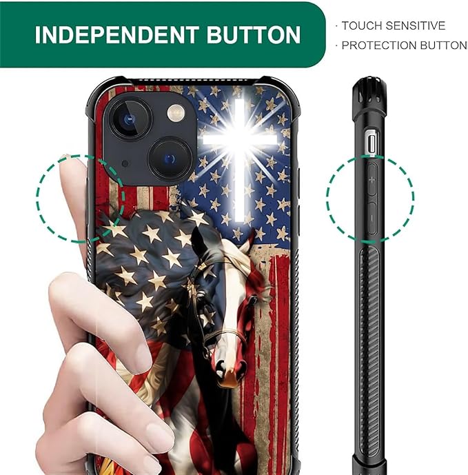 for iPhone 14 Plus Case, Red American Flag Horse Cross Pattern Made of Soft Silicone Hard Acrylic Shock Protection for iPhone 14 Plus