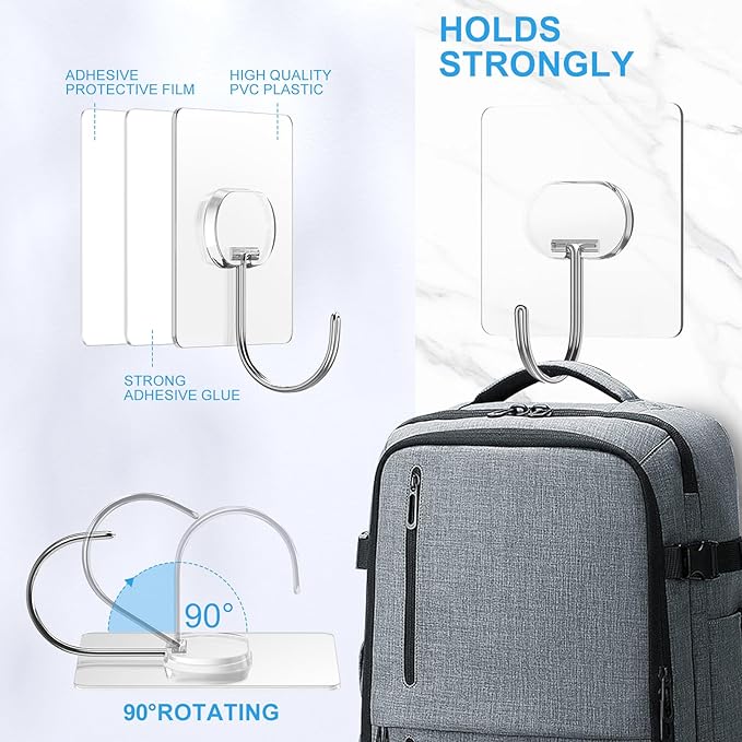 JINSHUNFA Adhesive Wall Hooks 13LB Heavy Duty No Drill Large Transparent Waterproof Hooks for Bathroom Kitchen Towel Coat 8 Pack