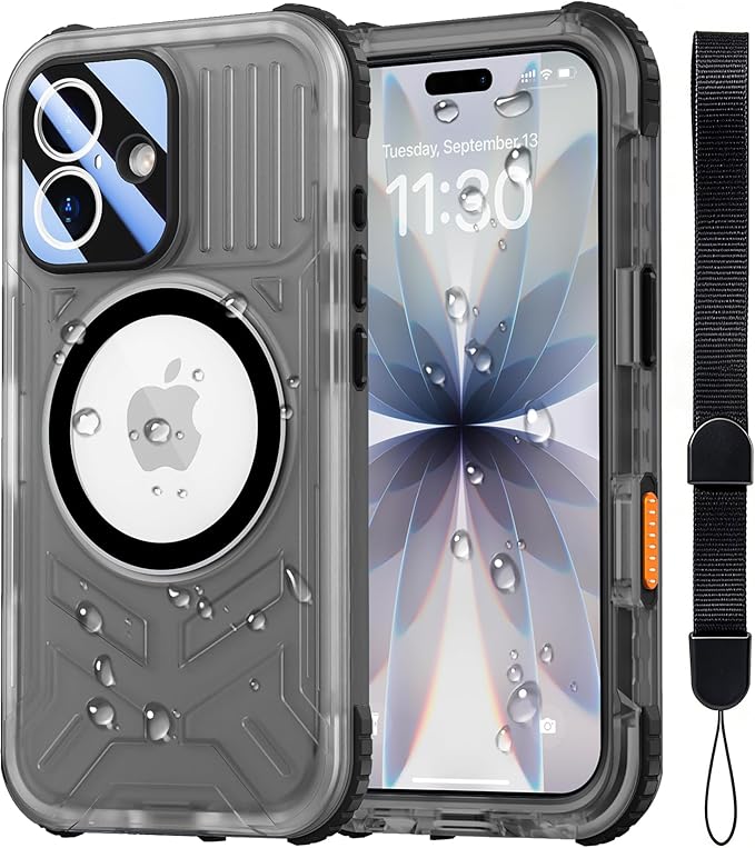 SPIDERCASE Magnetic for iPhone 17 Case Waterproof,[Built-in Screen & Camera Protector] [IP68 Underwater] 12FT Military Shockproof, Dustproof, Anti-Scratched Phone Case,Black/Clear