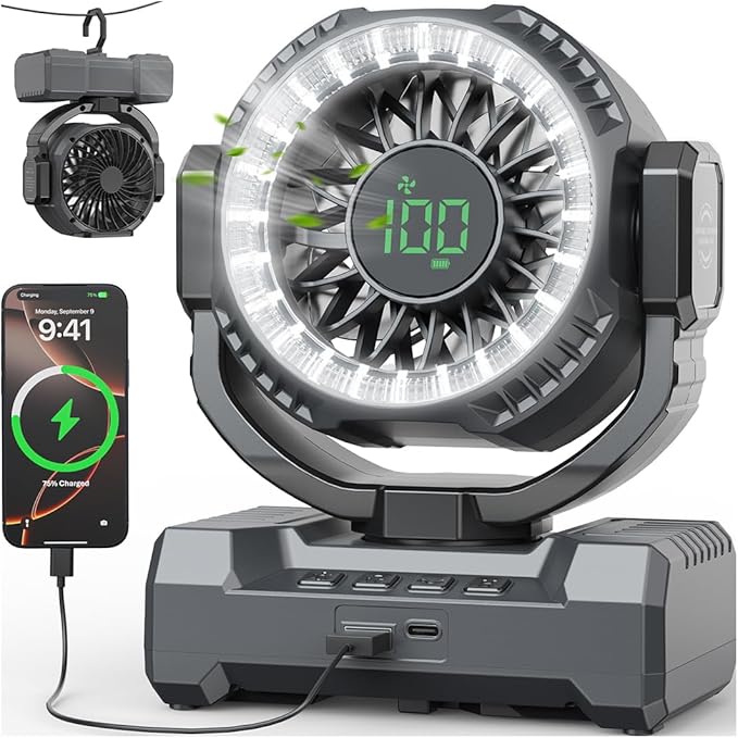 24000mAh Camping Fan, Portable Rechargeable Fan, Battery Powered Fan with LED Lantern & 120° Oscillation, Battery Operated Ventiladores for Travel, Tent, Fishing, Jobsite, Outdoor, Gifts for Men Dad