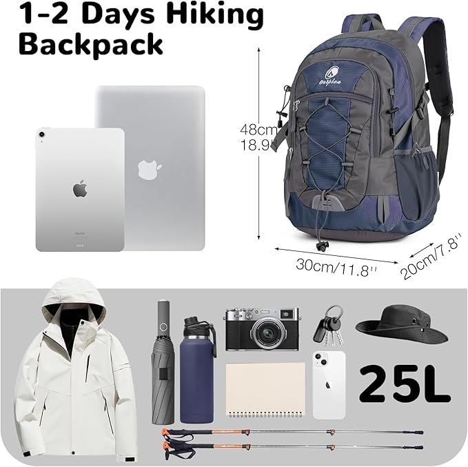 25L Small Hiking Backpack with Chest Strap for Men Women, Waterproof Travel Backpack Day Pack, Lightweight Padded Hiking Daypacks for Camping Traveling Outdoor Sports, Blue