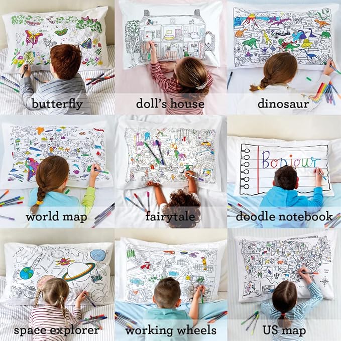 eatsleepdoodle - Coloring Pillowcase for Kids – Reusable DIY Pillow Cover with Washable Markers, Educational Arts & Crafts Activity for Boys & Girls, Fun Gift for Creative Play, Machine Washable