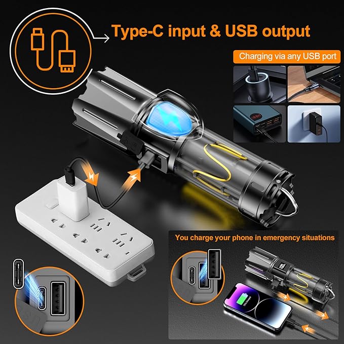 Super Bright Flashlight High Lumens 100000 Rechargeable, Powerful 50W LED, Long Lasting 30H, Daul Bottons 10Modes with Side Light, Quick USB C Charge & Output, Multi-functional for Home Camping Hiking