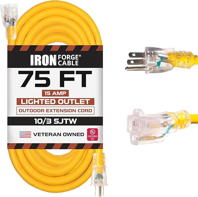 Iron Forge Cable Outdoor Extension Cord 75 Ft - 10 Gauge Heavy Duty Extension Cord, 15 AMP, 10/3 Yellow Power Cable SJTW Weatherproof with 3 Prong