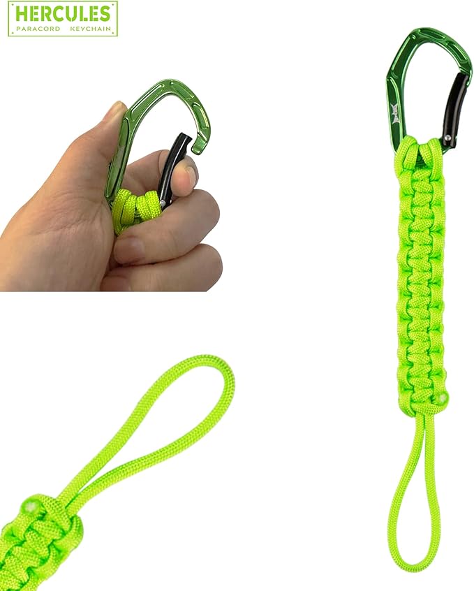 HERCULES Paracord Keychain Set – 2 Pack Lanyard Rope with Aluminum Clip, Durable Paracord Wrist Strap for Outdoor Activities, Neon Green