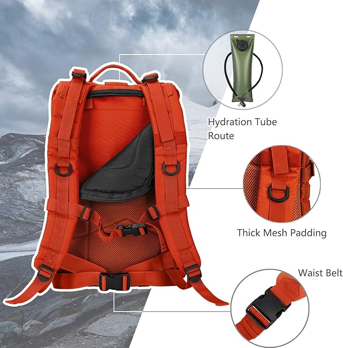 Hannibal Tactical MOLLE Assault Backpack, Tactical Backpack Military Army Camping Rucksack, 3-Day Pack Trip w/USA Flag Patch, D-Rings, Orange