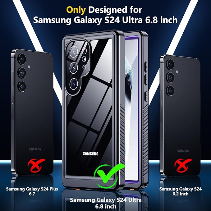 SPIDERCASE Upgraded for Samsung Galaxy S24 Ultra Case Waterproof,Built-in Screen & Camera Lens Protector[IP68 Underwater] [Military Grade Shockproof] Full Body Protection Phone Case,Purple/Clear