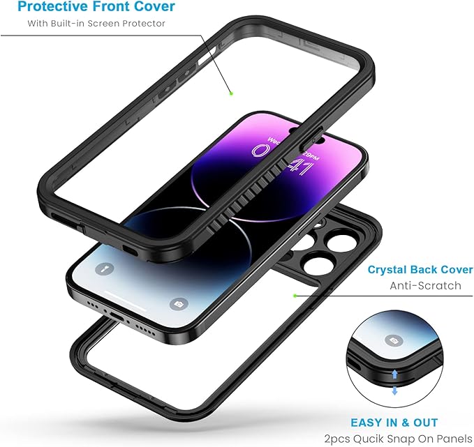 Lanhiem for iPhone 14 Pro Case, IP68 Waterproof Dustproof Case with Built-in Screen Protector, Rugged Full Body Shockproof Phone Case for iPhone 14 Pro, 6.1 inch (Black)