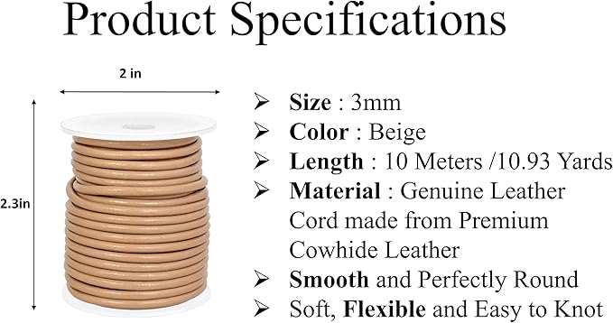 GENIQUE Real/Genuine Round Leather String Cord for Necklace, Bracelets, Jewellery, Braiding (Beige, 3mm)