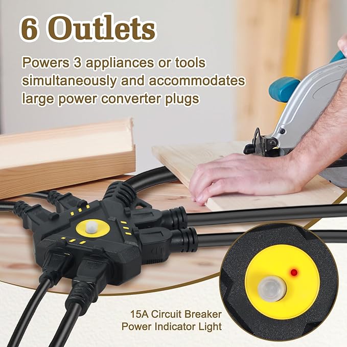 10FT 14 Gauge Outdoor Extension Cord 6-Outlet 14/3 SJTW Heavy Duty Extension Cord with Multiple Outlets Waterproof 3 Prong for Garage Workshop 15A 125V 1875W ETL Listed