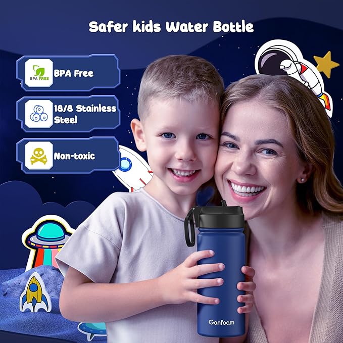 Kids Water Bottle, 16oz Kids Water Bottle with Stickers for School, insulated Stainless Steel Straw Cup(Sapphire Blue)