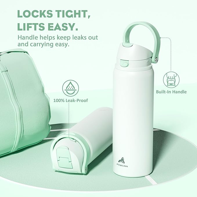 POWCAN 32 oz Sports Water Bottle for Workout: Spill Proof Lid with Straw, Double Walled, BPA-Free, Insulated Stainless Steel Flask for Camping, Hiking, Climbing, Travel, Outdoors (Mint Green)